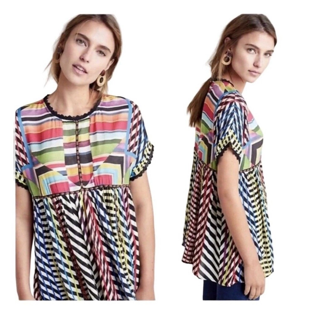 Anthropologie Conditions Apply Sheer Kynsa Colorful Tunic Top Flowy Oversized L